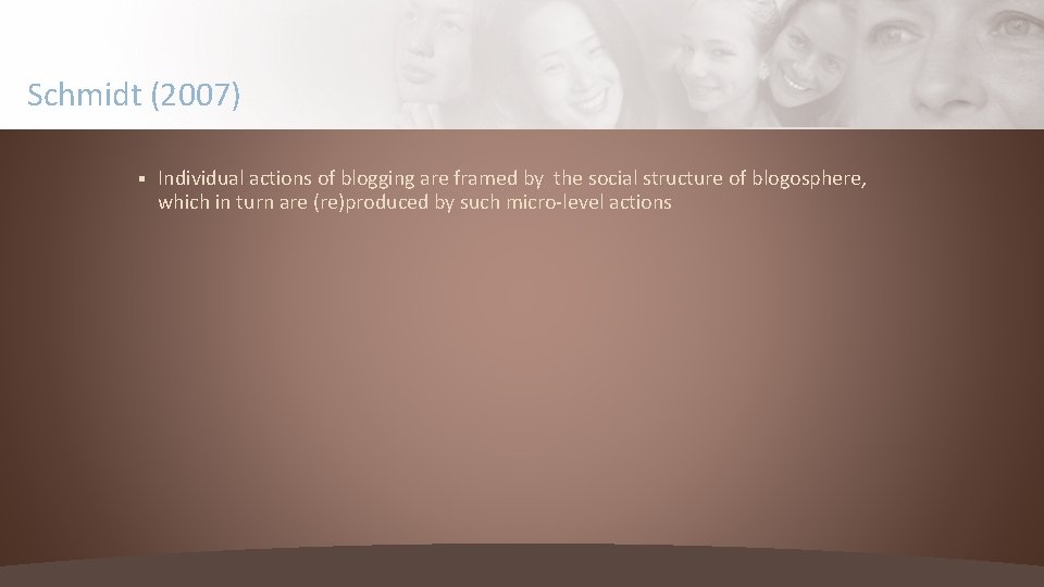 Schmidt (2007) § Individual actions of blogging are framed by the social structure of