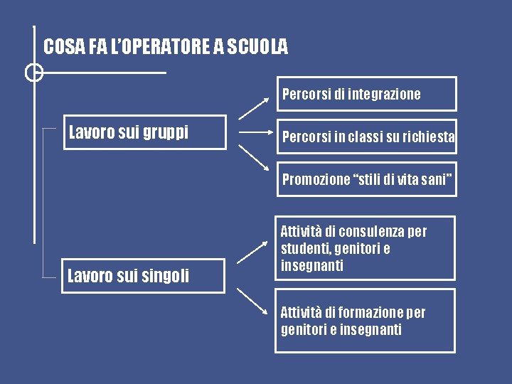 COSA FA L’OPERATORE A SCUOLA Percorsi di integrazione Lavoro sui gruppi Percorsi in classi