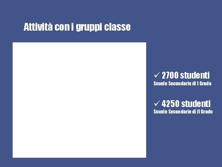 Attività con i gruppi classe ü 2700 studenti Scuole Secondarie di I Grado ü