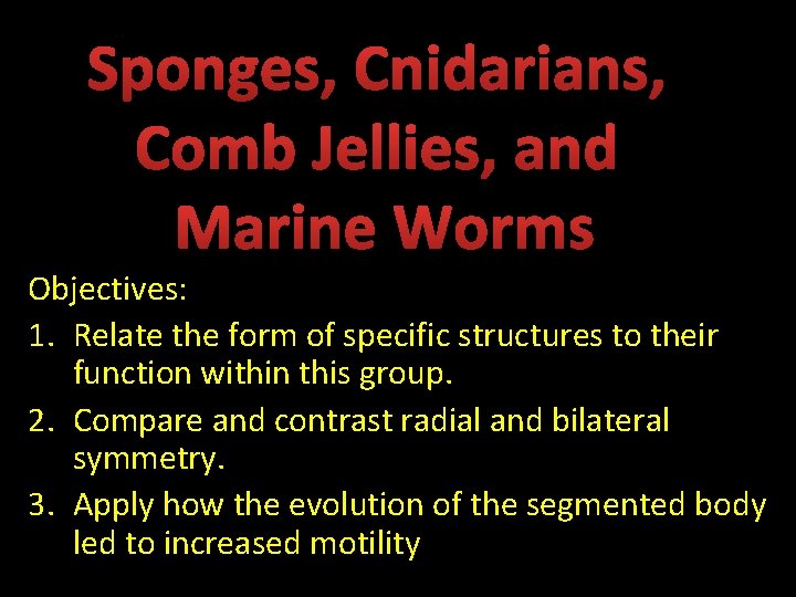 Sponges, Cnidarians, Comb Jellies, and Marine Worms Objectives: 1. Relate the form of specific