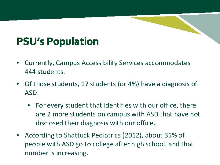 HEADLINE SAMPLE WOULD BE IN THIS POSITION PSU’s Population • Currently, Campus Accessibility Services