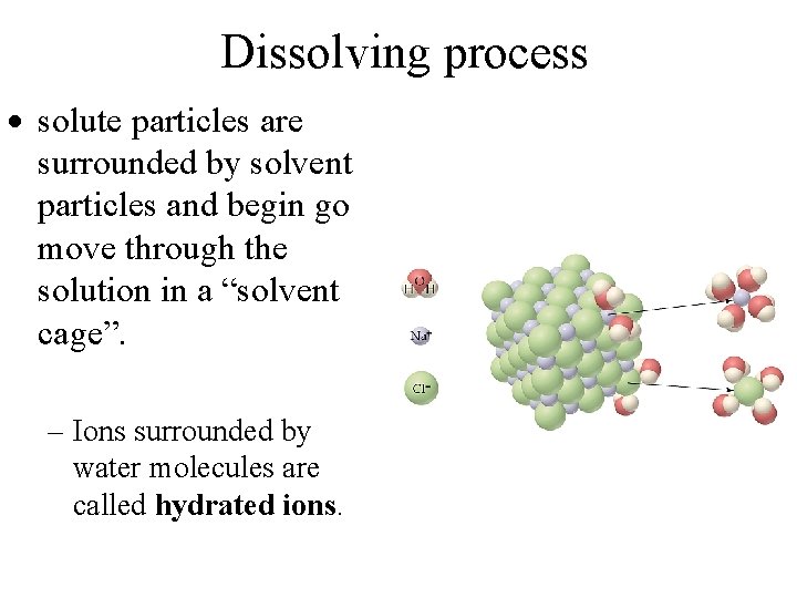 Dissolving process solute particles are surrounded by solvent particles and begin go move through