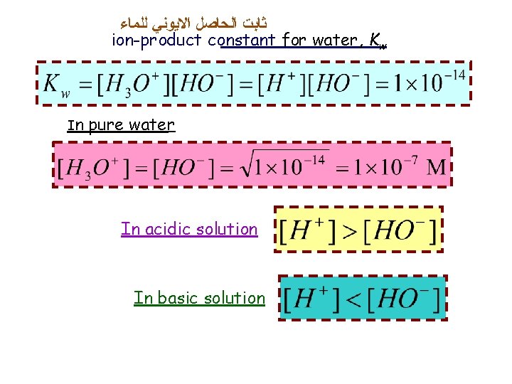  ﺛﺎﺑﺖ ﺍﻟﺤﺎﺻﻞ ﺍﻻﻳﻮﻧﻲ ﻟﻠﻤﺎﺀ ion-product constant for water, Kw In pure water In