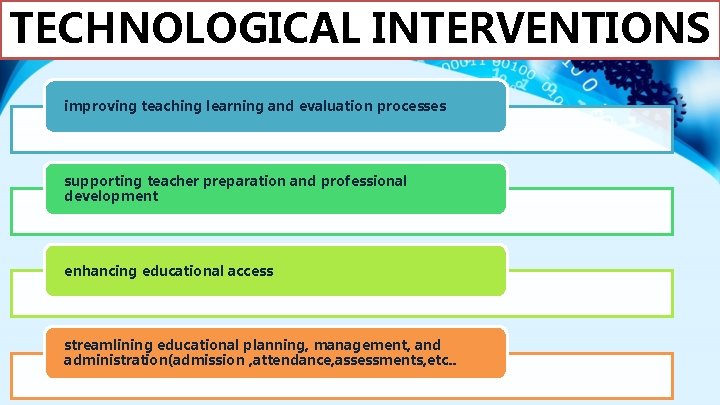 TECHNOLOGICAL INTERVENTIONS improving teaching learning and evaluation processes supporting teacher preparation and professional development