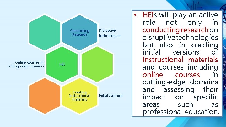 Online courses in cutting edge domains Conducting Research Disruptive technologies Creating Instructional materials Initial