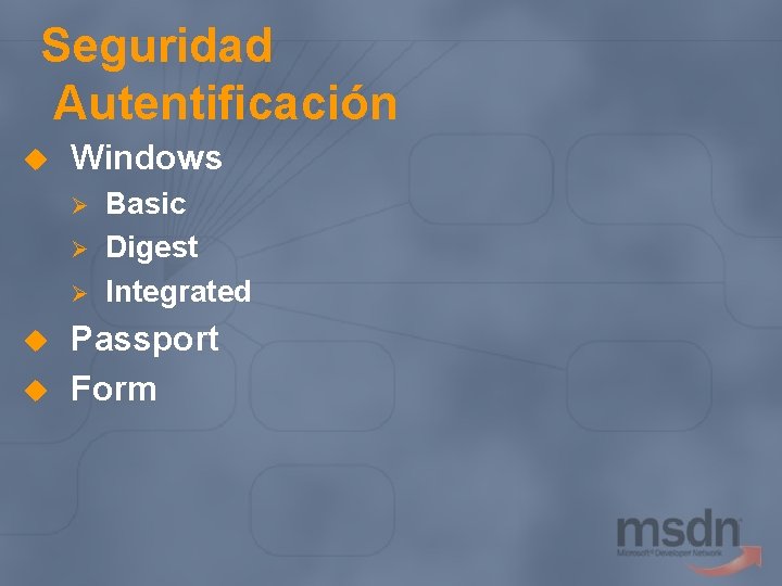 Seguridad Autentificación u Windows Ø Ø Ø u u Basic Digest Integrated Passport Form