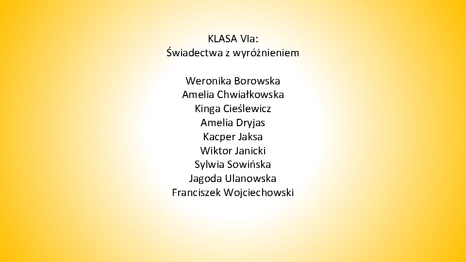 KLASA VIa: Świadectwa z wyróżnieniem Weronika Borowska Amelia Chwiałkowska Kinga Cieślewicz Amelia Dryjas Kacper