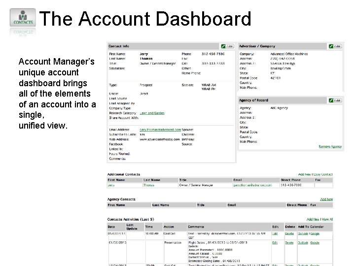 The Account Dashboard Account Manager’s unique account dashboard brings all of the elements of