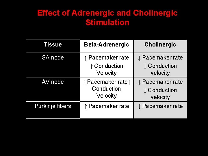 Effect of Adrenergic and Cholinergic Stimulation Tissue Beta-Adrenergic Cholinergic SA node ↑ Pacemaker rate