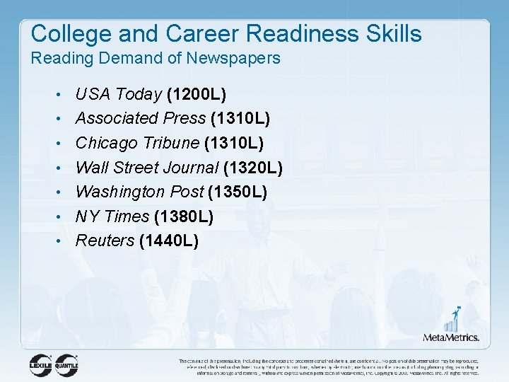 College and Career Readiness Skills Reading Demand of Newspapers • USA Today (1200 L)