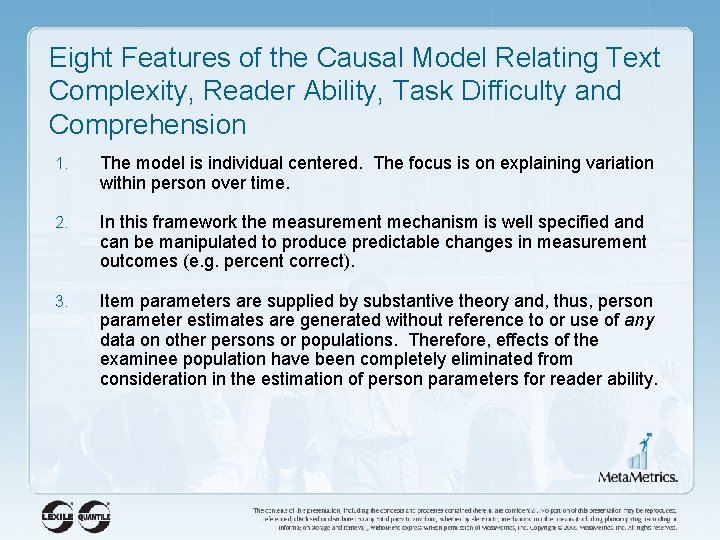 Eight Features of the Causal Model Relating Text Complexity, Reader Ability, Task Difficulty and