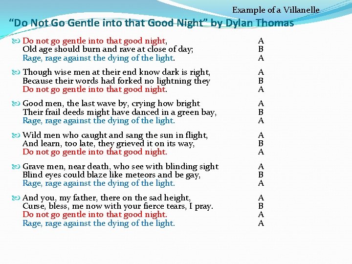 Example of a Villanelle “Do Not Go Gentle into that Good Night” by Dylan