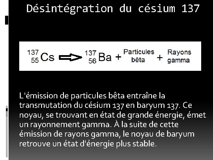 Désintégration du césium 137 L'émission de particules bêta entraîne la transmutation du césium 137