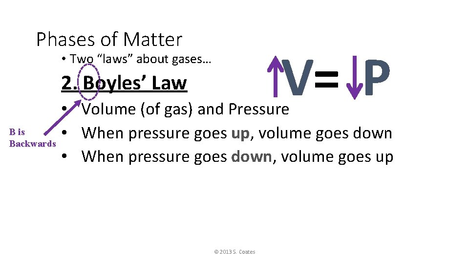 Phases of Matter V= P • Two “laws” about gases… 2. Boyles’ Law •