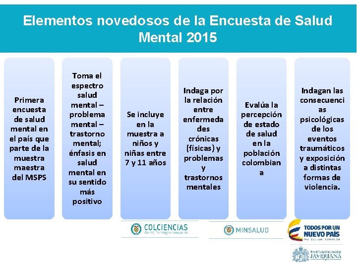 Elementos novedosos de la Encuesta de Salud Mental 2015 Primera encuesta de salud mental