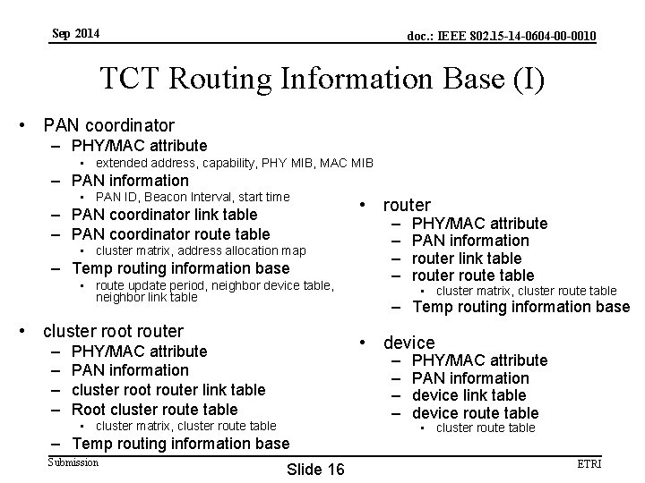 Sep 2014 doc. : IEEE 802. 15 -14 -0604 -00 -0010 TCT Routing Information