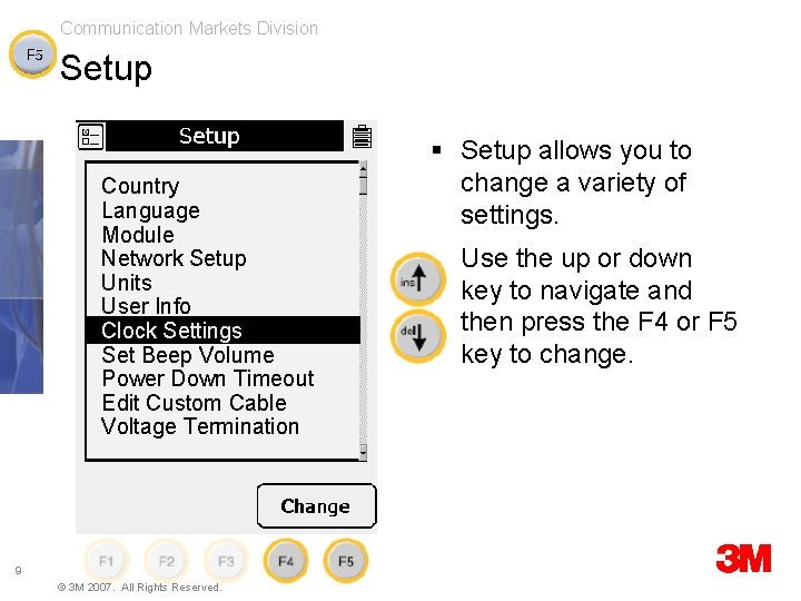 Communication Markets Division Setup Country Language Module Network Setup Units User Info Clock Settings