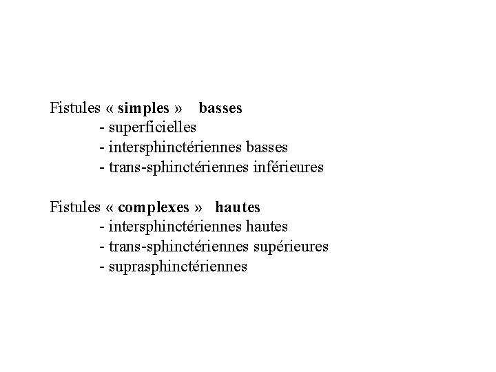 Fistules « simples » basses - superficielles - intersphinctériennes basses - trans-sphinctériennes inférieures Fistules