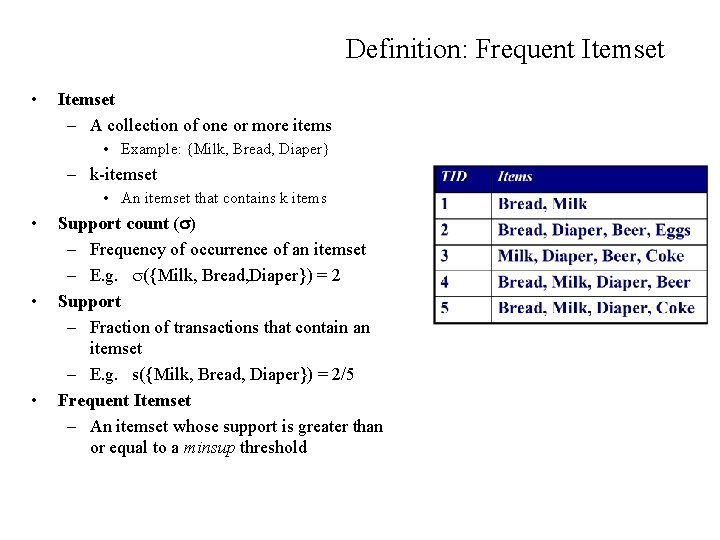 Definition: Frequent Itemset • Itemset – A collection of one or more items •