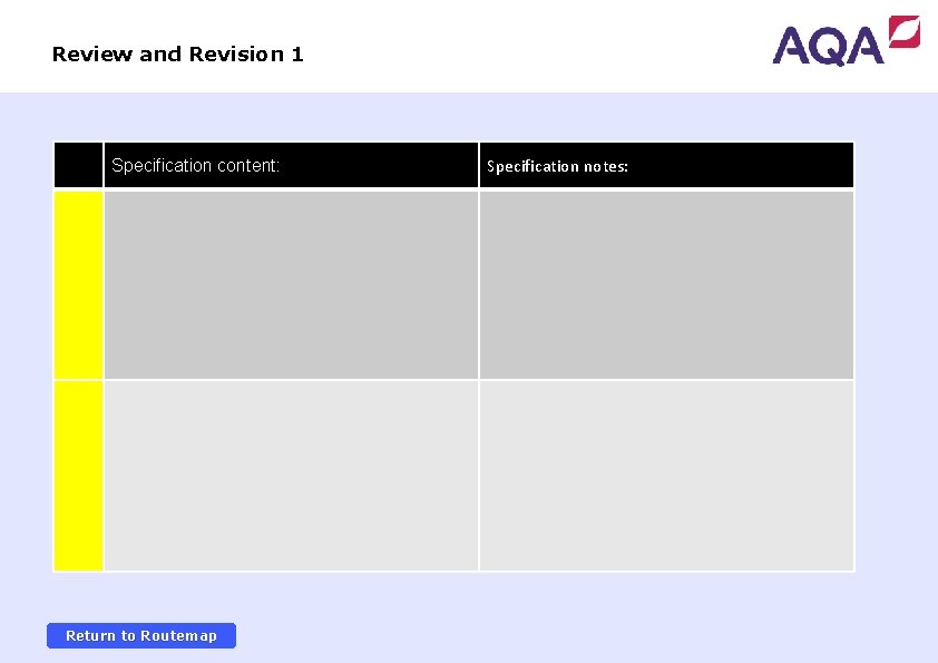 Review and Revision 1 Specification content: Return to Routemap Specification notes: 