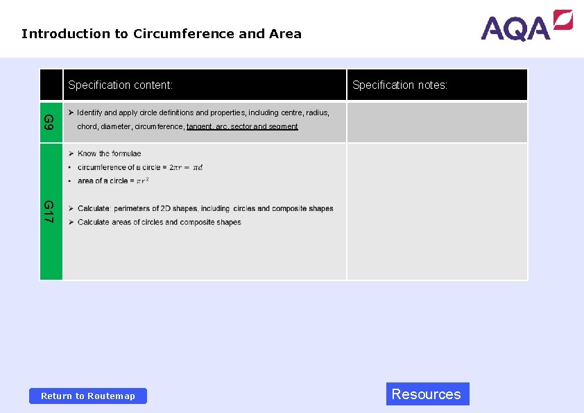 Introduction to Circumference and Area Specification content: Specification notes: G 9 Ø Identify and
