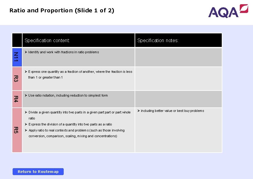 Ratio and Proportion (Slide 1 of 2) Specification content: Specification notes: N 11 Ø