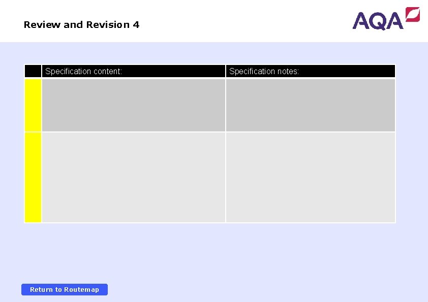 Review and Revision 4 Specification content: Return to Routemap Specification notes: 