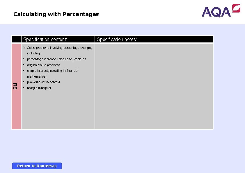 Calculating with Percentages Specification content: Ø Solve problems involving percentage change, including: • percentage
