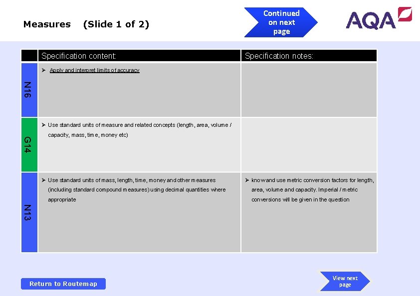 Measures (Slide 1 of 2) Specification content: Continued on next page Specification notes: Ø