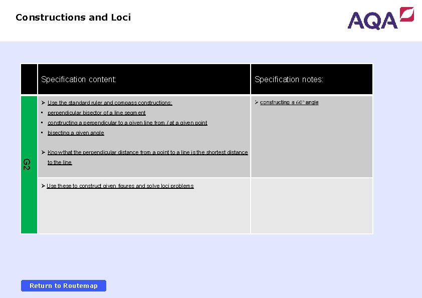 Constructions and Loci Specification content: Ø Use the standard ruler and compass constructions: •