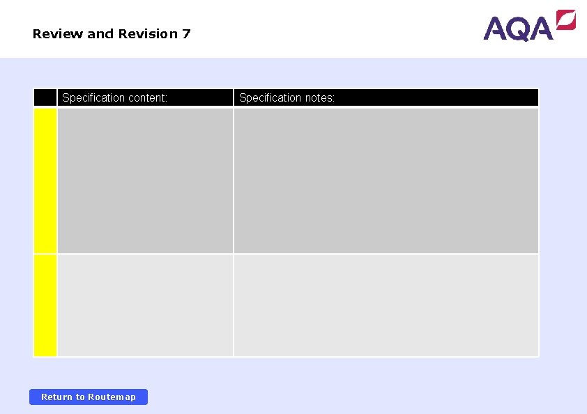 Review and Revision 7 Specification content: Return to Routemap Specification notes: 