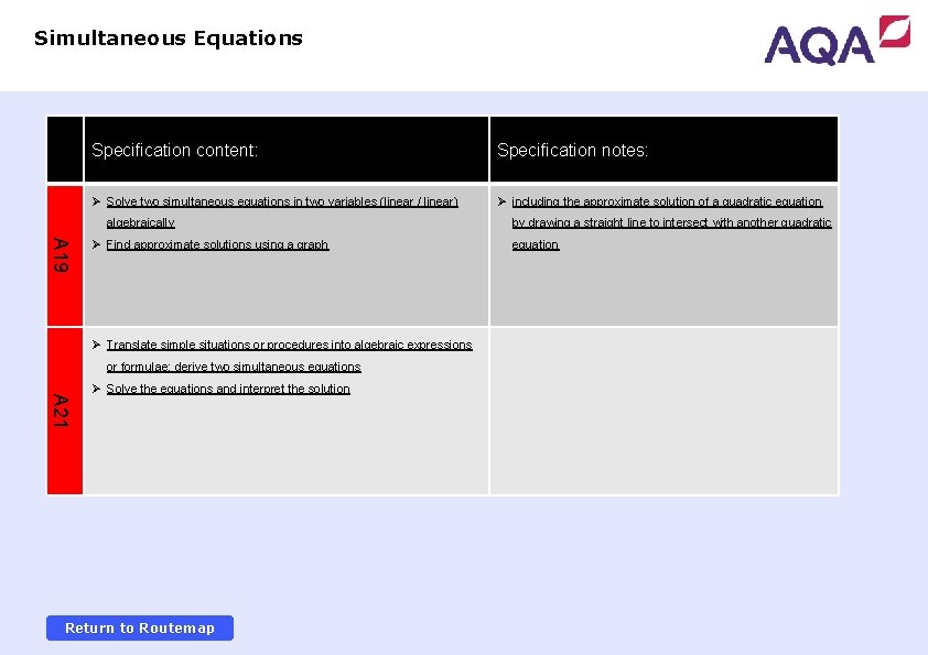 Simultaneous Equations Specification content: Specification notes: Ø Solve two simultaneous equations in two variables