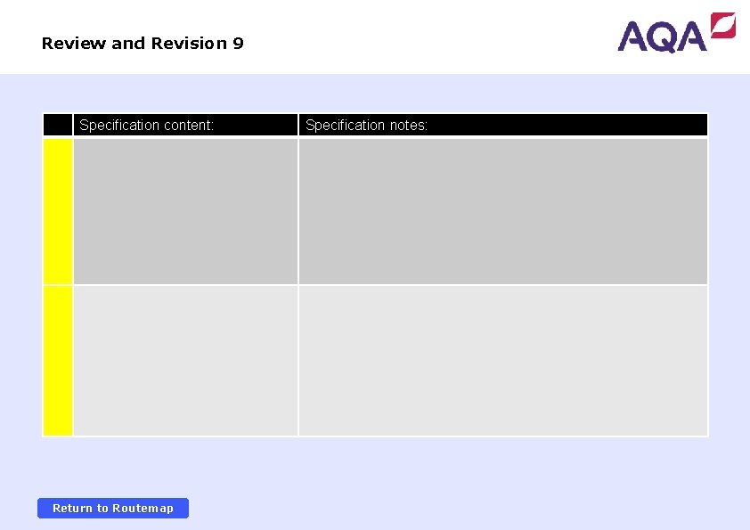 Review and Revision 9 Specification content: Return to Routemap Specification notes: 