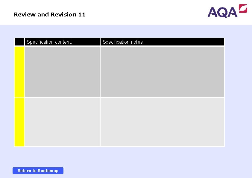 Review and Revision 11 Specification content: Return to Routemap Specification notes: 