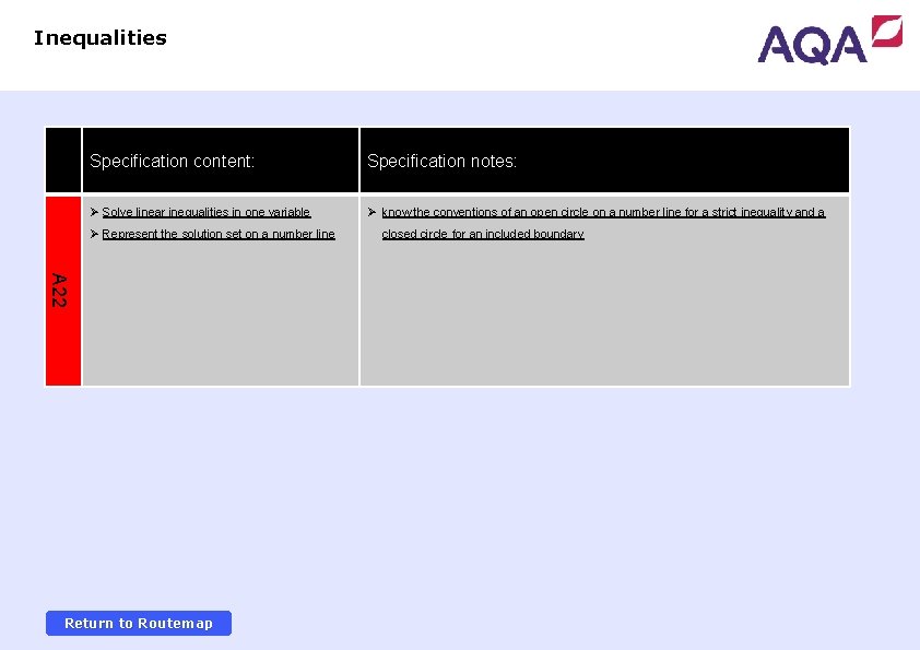 Inequalities Specification content: Specification notes: Ø Solve linear inequalities in one variable Ø know