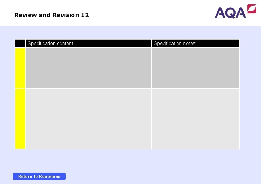 Review and Revision 12 Specification content: Return to Routemap Specification notes: 