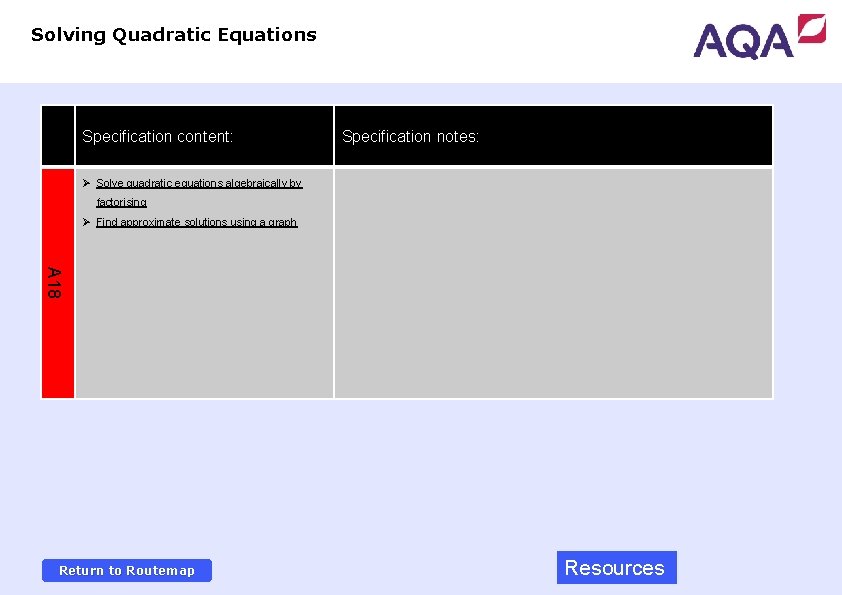 Solving Quadratic Equations Specification content: Specification notes: Ø Solve quadratic equations algebraically by factorising