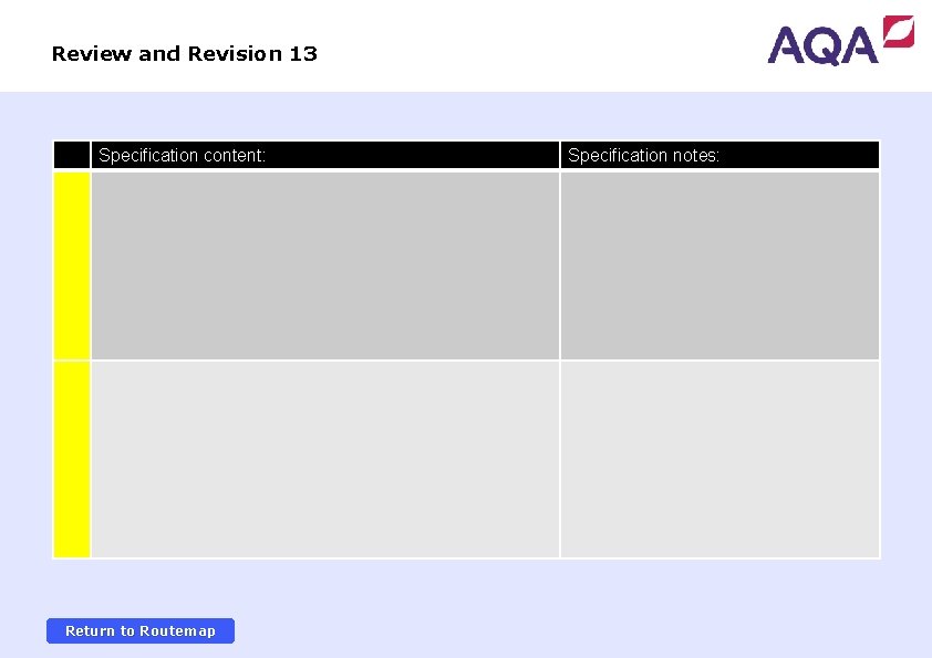 Review and Revision 13 Specification content: Return to Routemap Specification notes: 