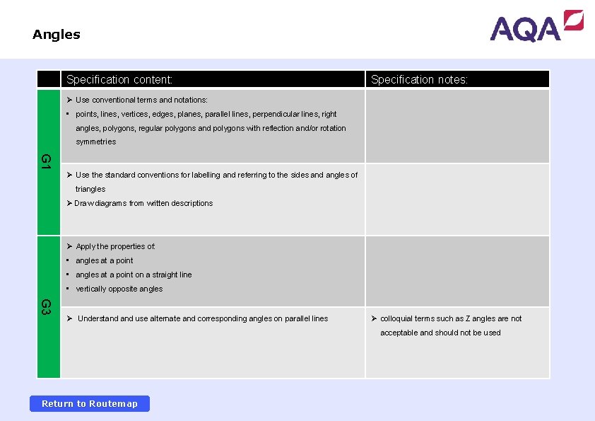 Angles Specification content: Specification notes: Ø Use conventional terms and notations: • points, lines,