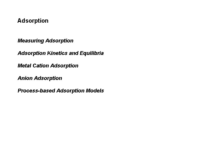 Adsorption Measuring Adsorption Kinetics and Equilibria Metal Cation Adsorption Anion Adsorption Process-based Adsorption Models