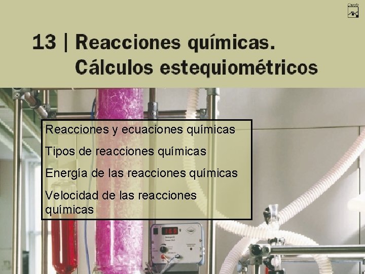 Reacciones y ecuaciones químicas Tipos de reacciones químicas Energía de las reacciones químicas Velocidad