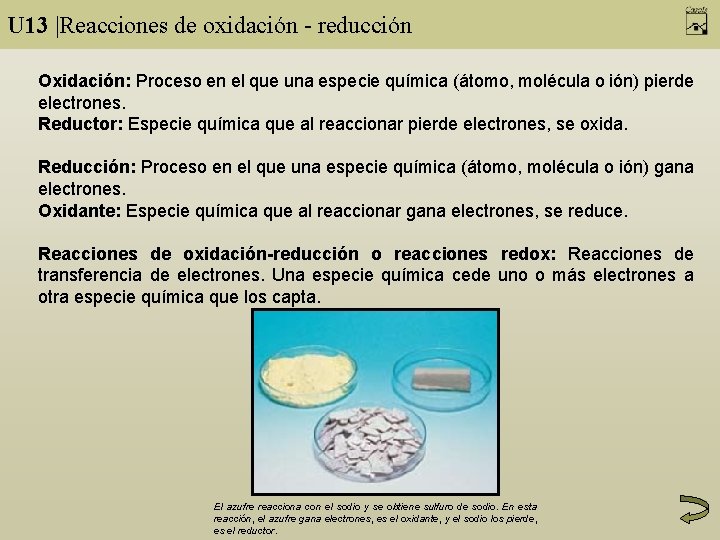 U 13 |Reacciones de oxidación - reducción Oxidación: Proceso en el que una especie