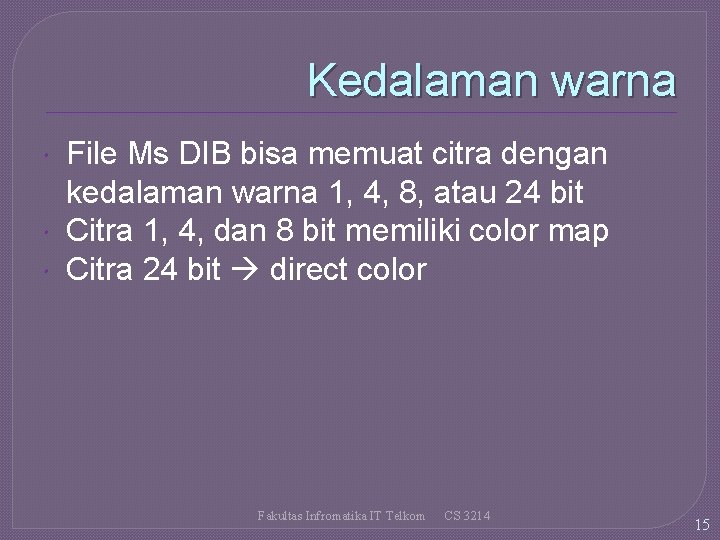 Kedalaman warna File Ms DIB bisa memuat citra dengan kedalaman warna 1, 4, 8,