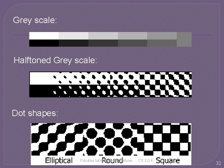 Grey scale: Halftoned Grey scale: Dot shapes: Fakultas Infromatika IT Telkom CS 3214 32