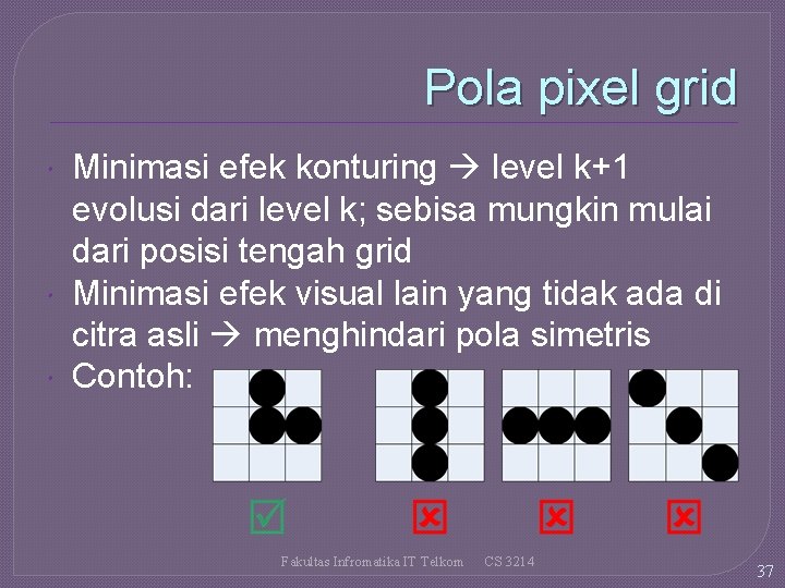 Pola pixel grid Minimasi efek konturing level k+1 evolusi dari level k; sebisa mungkin