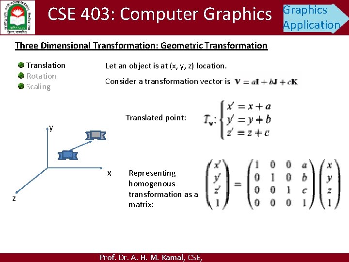 CSE 403: Computer Graphics Three Dimensional Transformation: Geometric Transformation Translation Rotation Scaling Let an