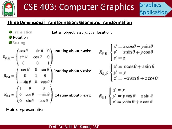 CSE 403: Computer Graphics Three Dimensional Transformation: Geometric Transformation Translation Rotation Scaling Let an