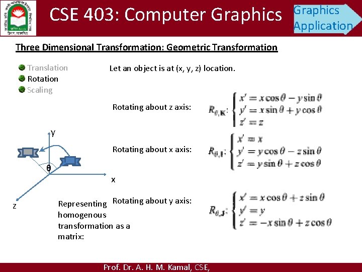 CSE 403: Computer Graphics Three Dimensional Transformation: Geometric Transformation Translation Rotation Scaling Let an