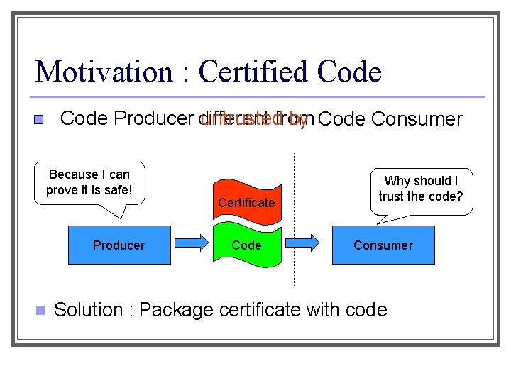 Motivation : Certified Code Producer different untrustedfrom by Code Consumer Because I can prove