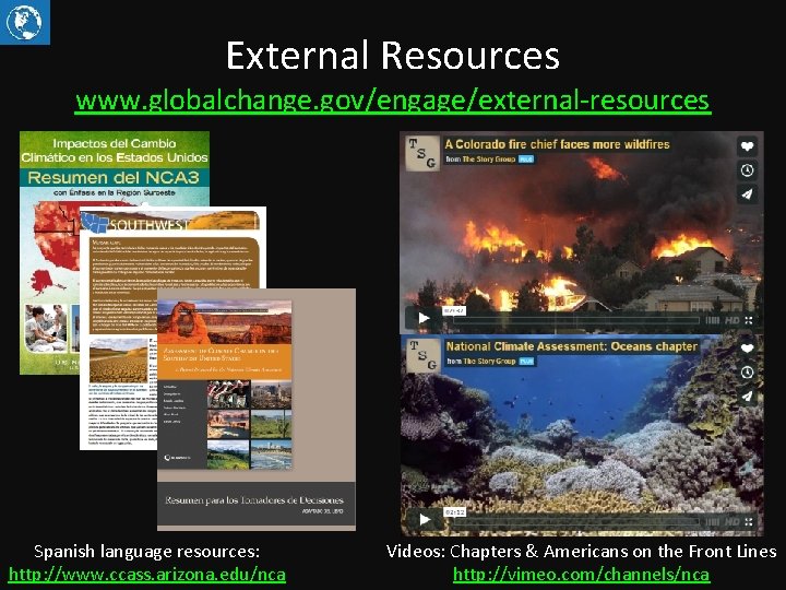 External Resources www. globalchange. gov/engage/external-resources Spanish language resources: http: //www. ccass. arizona. edu/nca Videos: